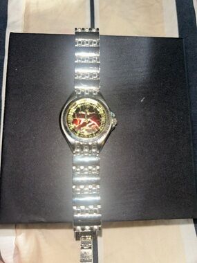 Fossil Silver Bracelet Watch with Black Dial and Yellow Accent